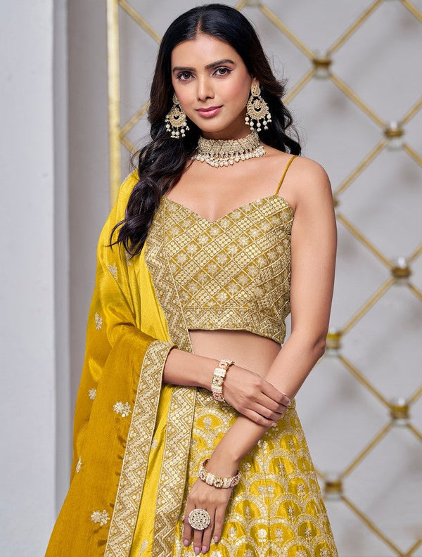 Dazzling Yellow Color Chinon Fabric Party Wear Lehenga