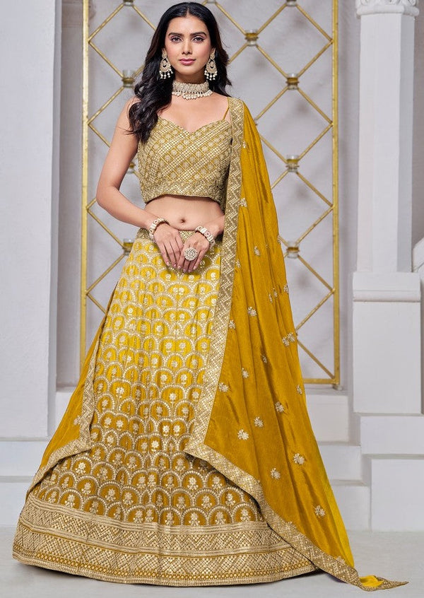 Dazzling Yellow Color Chinon Fabric Party Wear Lehenga