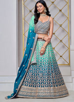 Dazzling Turquoise Color Chinon Fabric Party Wear Lehenga