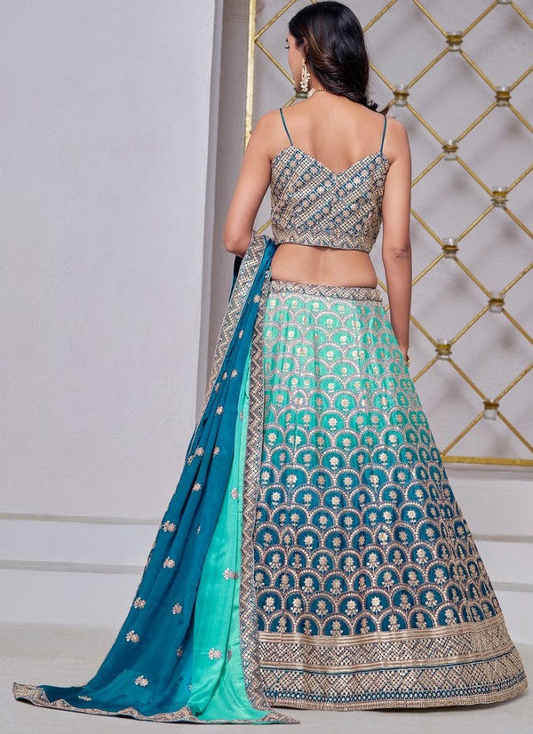 Dazzling Turquoise Color Chinon Fabric Party Wear Lehenga