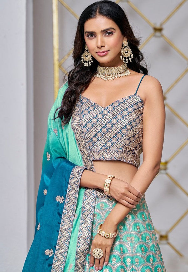 Dazzling Turquoise Color Chinon Fabric Party Wear Lehenga