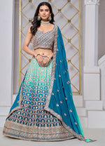 Dazzling Turquoise Color Chinon Fabric Party Wear Lehenga