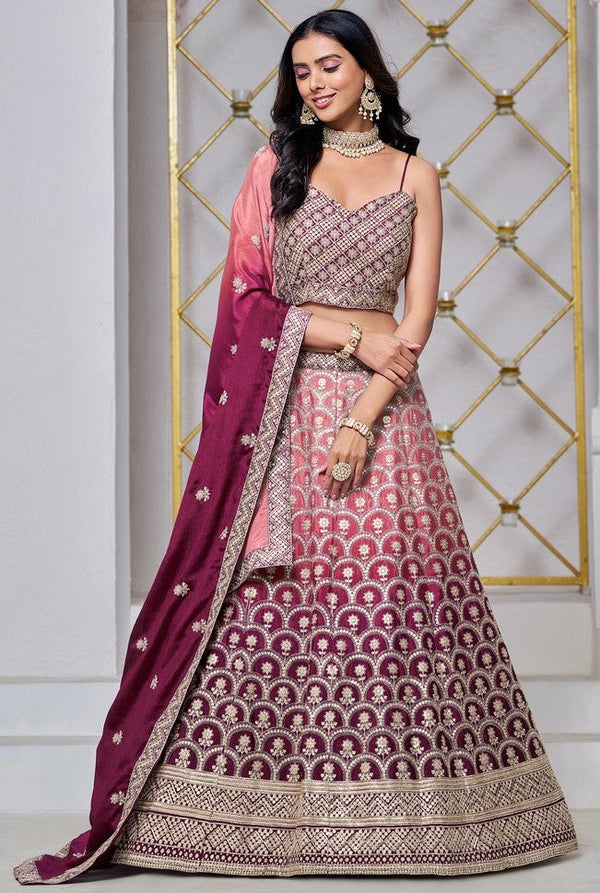 Dazzling Wine Color Chinon Fabric Party Wear Lehenga