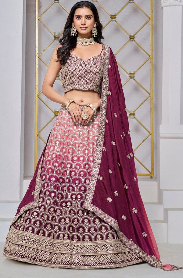 Dazzling Wine Color Chinon Fabric Party Wear Lehenga