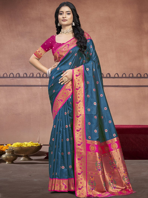 Grand Teal Color Silk Fabric Casual Saree