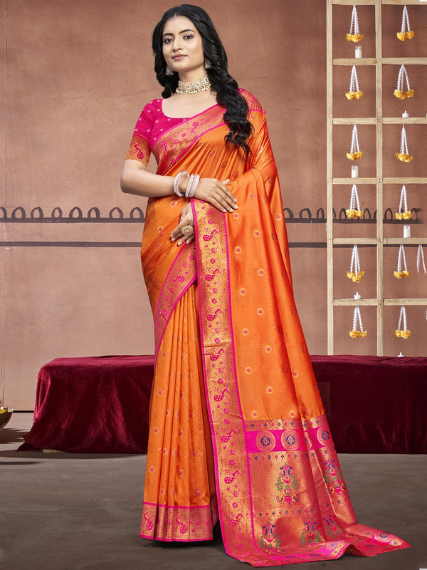 Grand Orange Color Silk Fabric Casual Saree