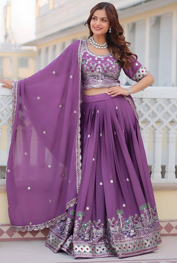 Dazzling Purple Color Chinon Fabric Party Wear Lehenga