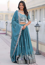 Dazzling Turquoise Color Chinon Fabric Party Wear Lehenga