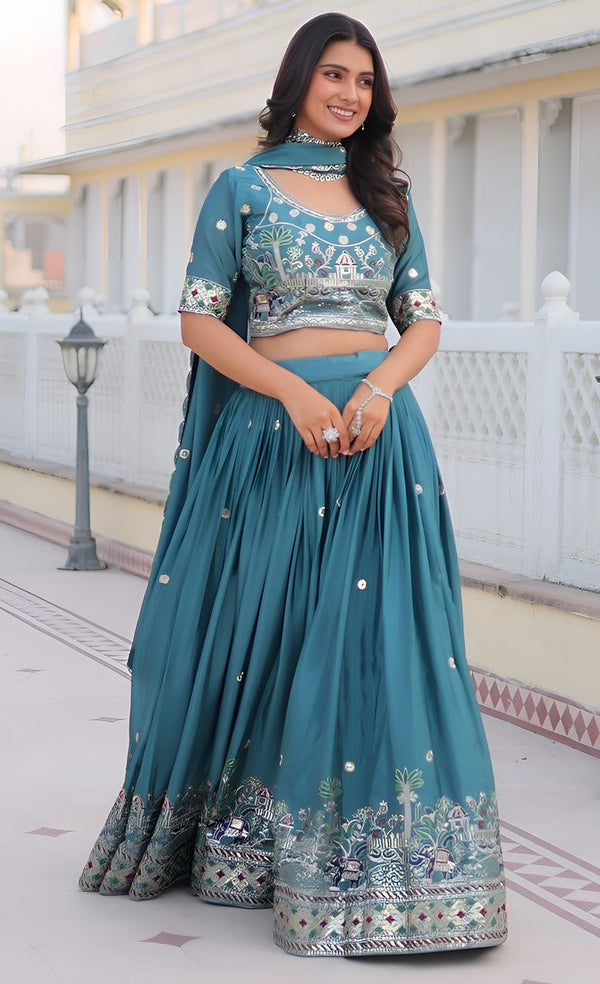 Dazzling Turquoise Color Chinon Fabric Party Wear Lehenga