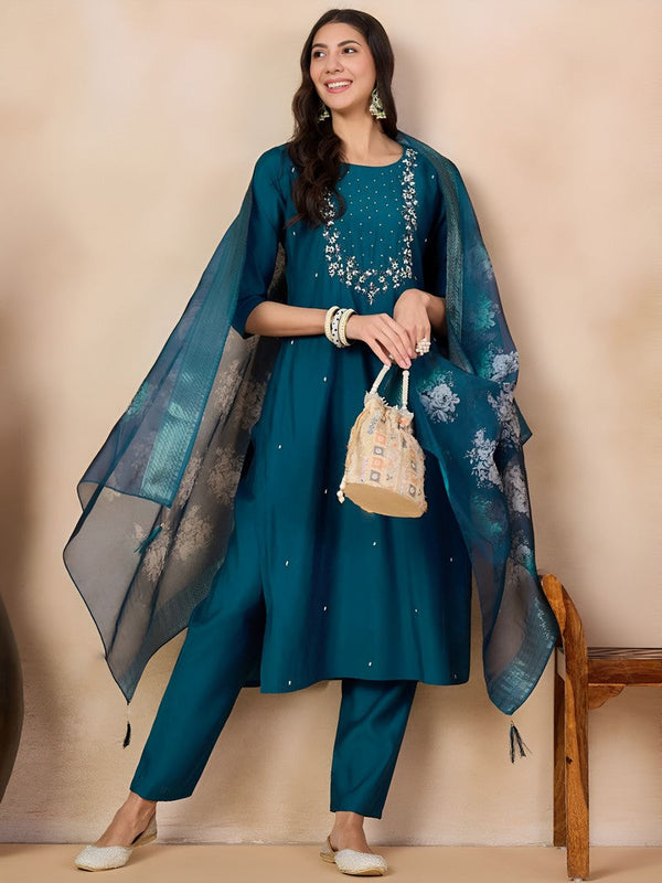 Divine Teal Color Viscose Fabric Designer Suit