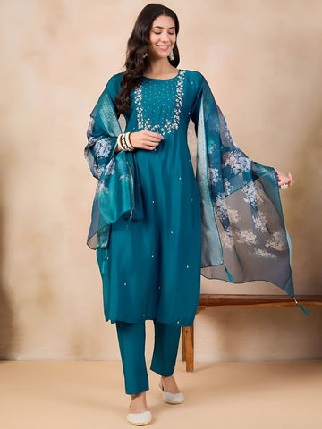 Divine Teal Color Viscose Fabric Designer Suit