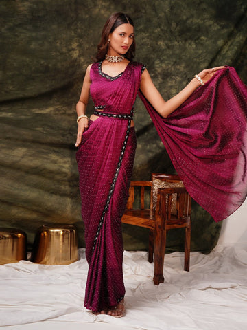 Pretty Wine Color Satin Fabric Readymade Saree