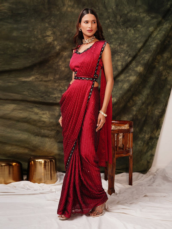 Pretty Maroon Color Satin Fabric Readymade Saree