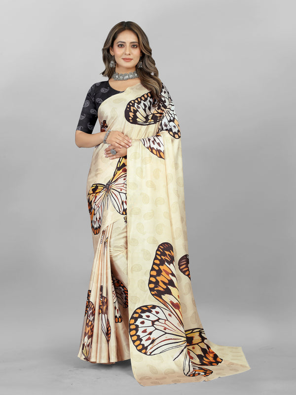 Beauteous Cream Color Crepe Fabric Casual Saree