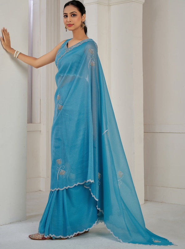 Beauteous Turquoise Color Silk Fabric Designer Saree