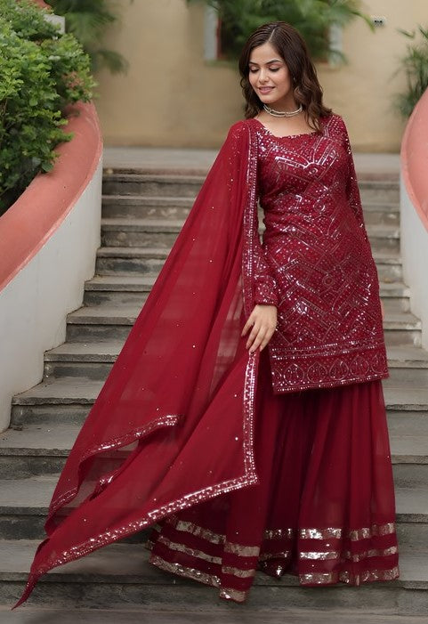 Divine Maroon Color Georgette Fabric Sharara Suit