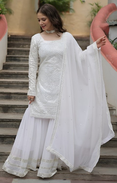 Divine White Color Georgette Fabric Sharara Suit