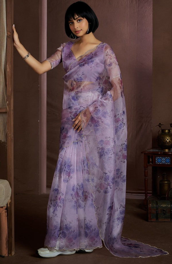 Beauteous Purple Color Organza Fabric Casual Sarees