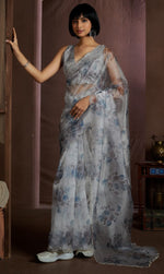 Beauteous Grey Color Organza Fabric Casual Sarees