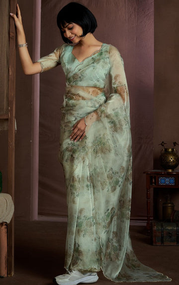 Beauteous Green Color Organza Fabric Casual Sarees