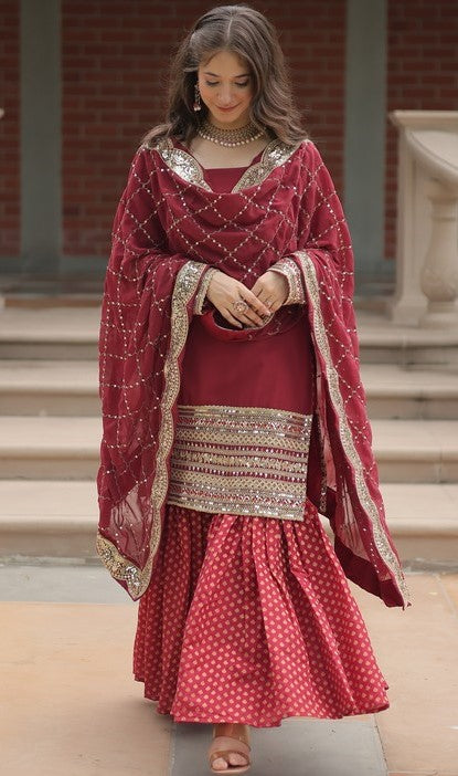 Divine Maroon Color Georgette Fabric Sharara Suit