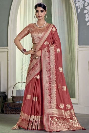 Ideal Coral Color Crepe Fabric Partywear Saree