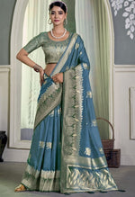 Ideal Aqua Color Crepe Fabric Partywear Saree