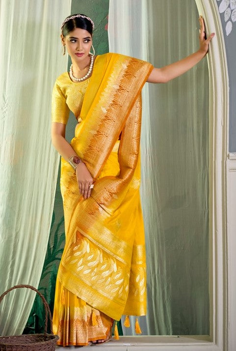 Ideal Yellow Color Crepe Fabric Partywear Saree