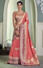 Ideal Coral Color Crepe Fabric Partywear Saree