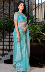 Ideal Aqua Color Organza Fabric Designer Saree