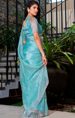 Ideal Aqua Color Organza Fabric Designer Saree