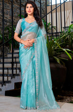 Ideal Aqua Color Organza Fabric Designer Saree