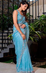 Ideal Aqua Color Organza Fabric Designer Saree