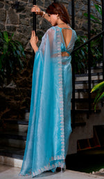 Ideal Aqua Color Organza Fabric Designer Saree