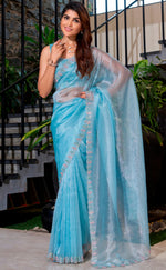 Ideal Aqua Color Organza Fabric Designer Saree