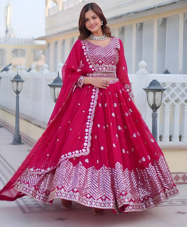 Dazzling Pink Color Georgette Fabric Party Wear Lehenga