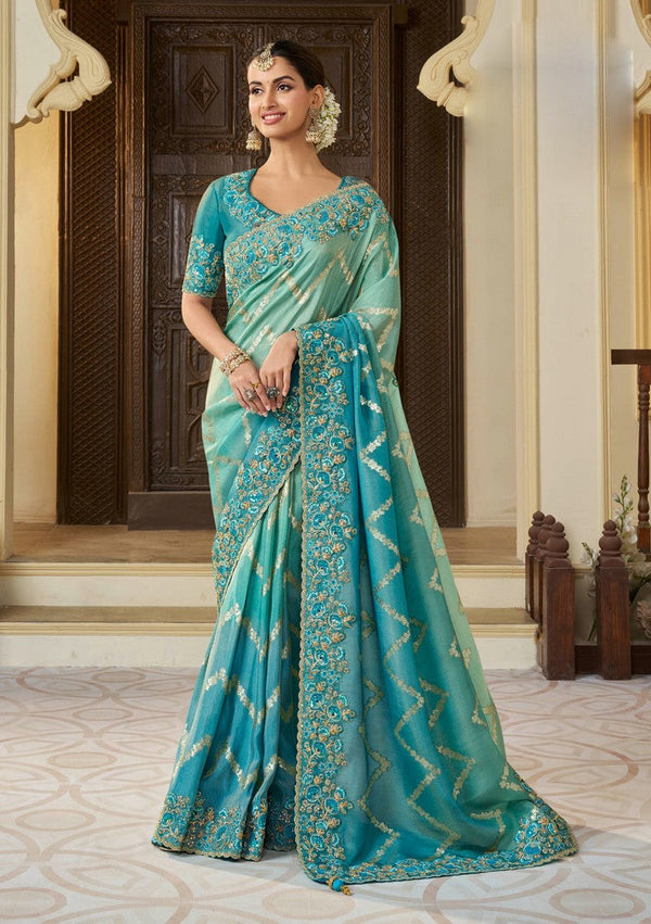 Beauteous Turquoise Color Viscose Fabric Partywear Saree