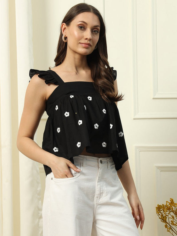 Pretty Black Color Cotton Fabric Short Top