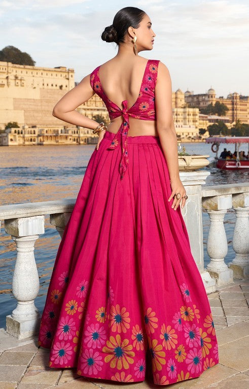 Magnetic Pink Color Tussar Fabric Party Wear Lehenga