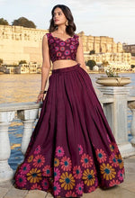 Magnetic Wine Color Tussar Fabric Party Wear Lehenga