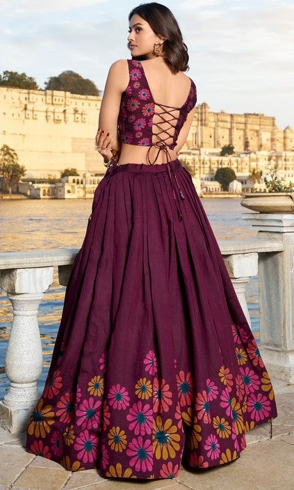 Magnetic Wine Color Tussar Fabric Party Wear Lehenga