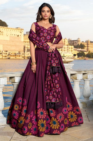 Magnetic Wine Color Tussar Fabric Party Wear Lehenga