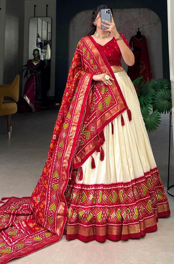 Dazzling Cream Color Tussar Fabric Wedding Lehenga