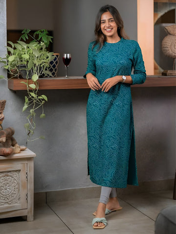 Pretty Turquoise  Color Cotton Fabric Casual Kurti