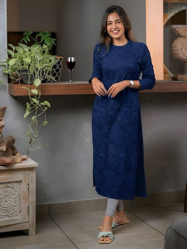 Pretty Navy Blue Color Cotton Fabric Casual Kurti