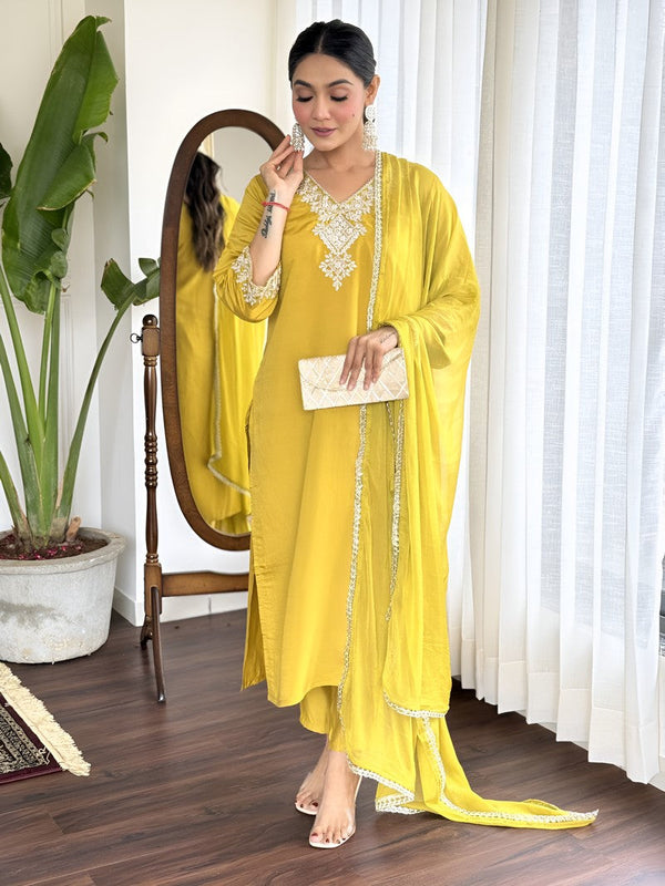 Lovely Yellow Color Viscose Fabric Designer Suit