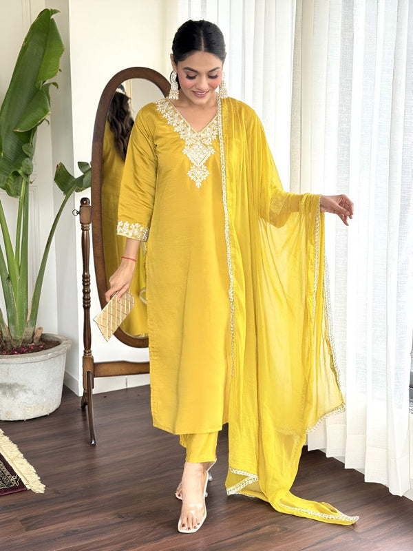 Lovely Yellow Color Viscose Fabric Designer Suit