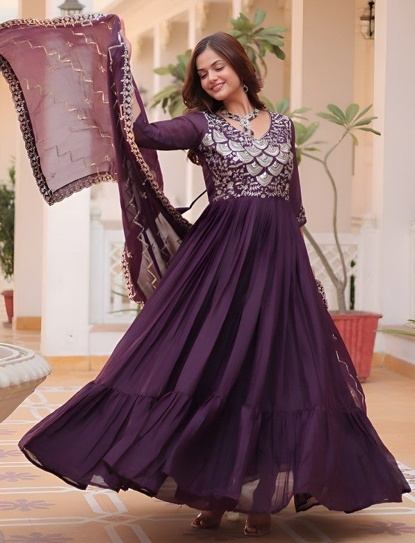 Beautiful Wine Color Georgette Fabric Gown