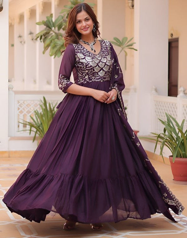 Beautiful Wine Color Georgette Fabric Gown