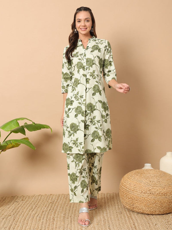 Lovely Green Color Cotton Fabric Casual Kurti With Bottom